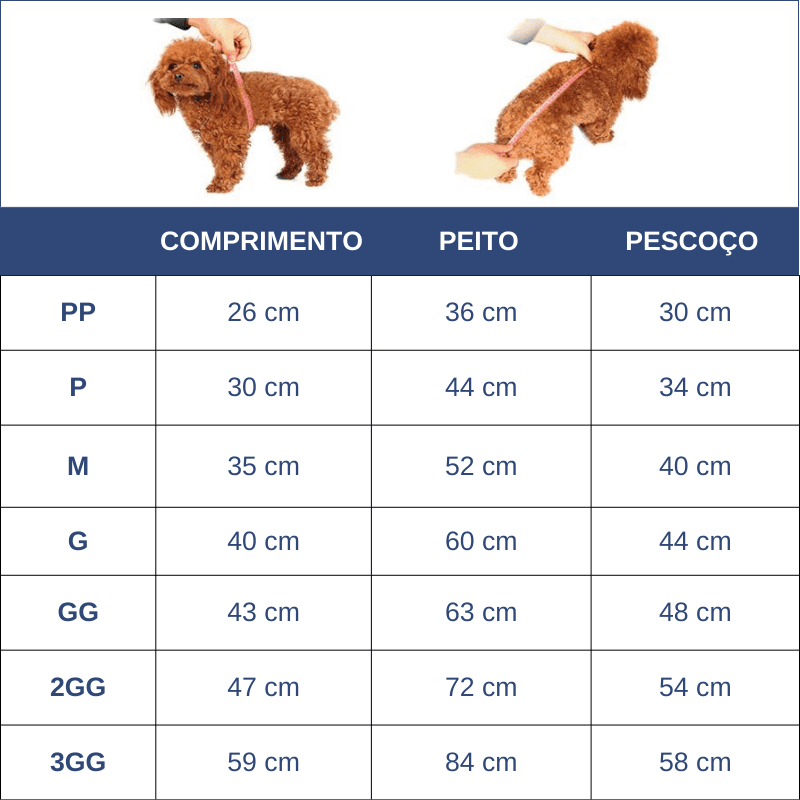 Roupa Pet Inverno para Cachorro - Tabela de medidas