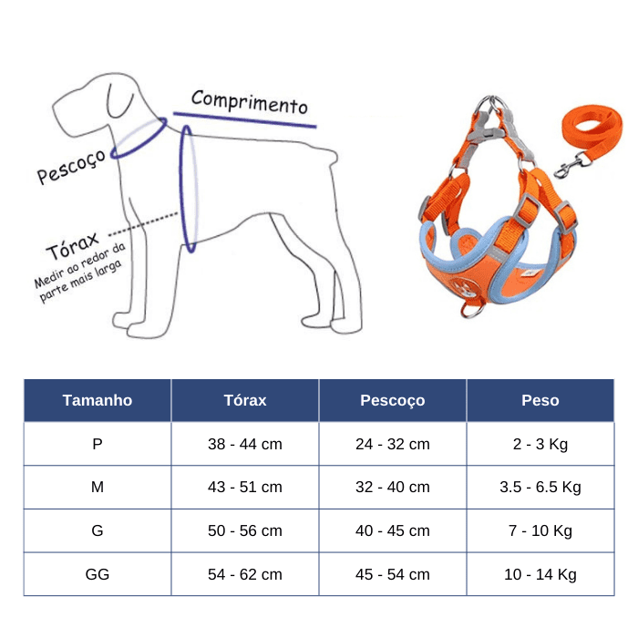 Peitoral para Cachorros Anti Puxão Reflexivo – Tabela de Medidas