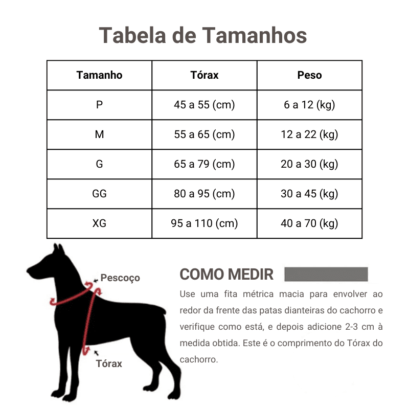 Coleira para Cachorro Peitoral Personalizada - Tabela de tamanhos