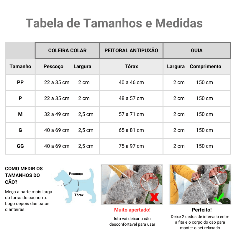 Conjunto Personalizado Coleira, Peitoral Antipuxão e Guia para Cachorro - Tabela de tamanhos e medidas