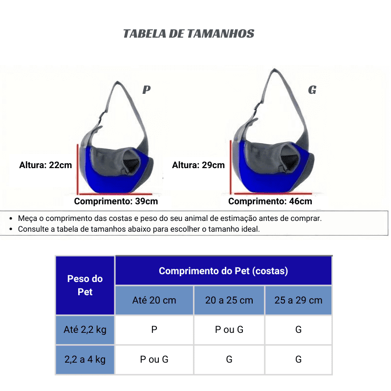 Bolsa de Ombro para Transporte Pet - Tabela de tamanhos