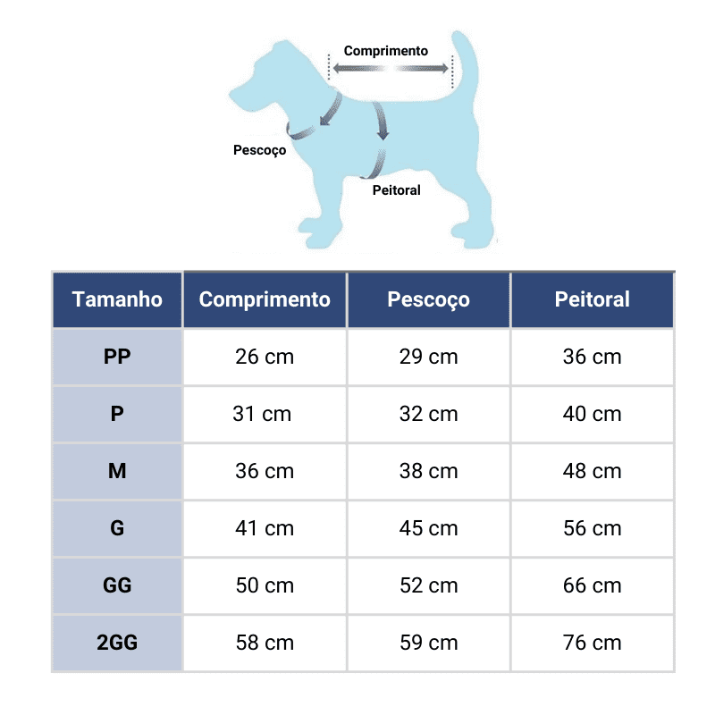 Colete Pet Grafite Impermeável com Zíper - Tabela de tamanhos e medidas
