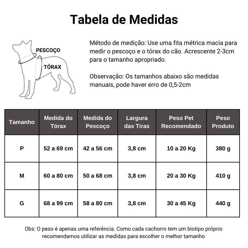 Peitoral para Cachorro Anti Escape 6 Tiras Reforçado - Tabela de Medidas