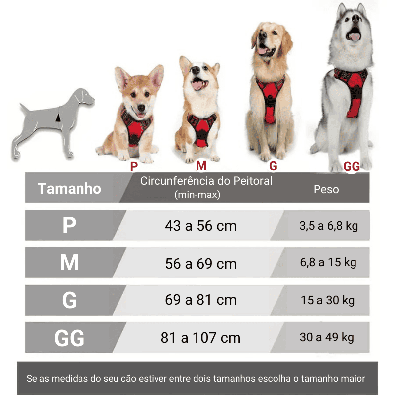 Coleira Peitoral Antipuxão Resistente Cães Fortes - Tabela de tamanhos