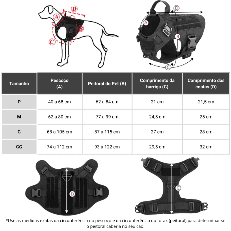 Peitoral K9 Tático para Cães Grandes – Tabela de tamanhos