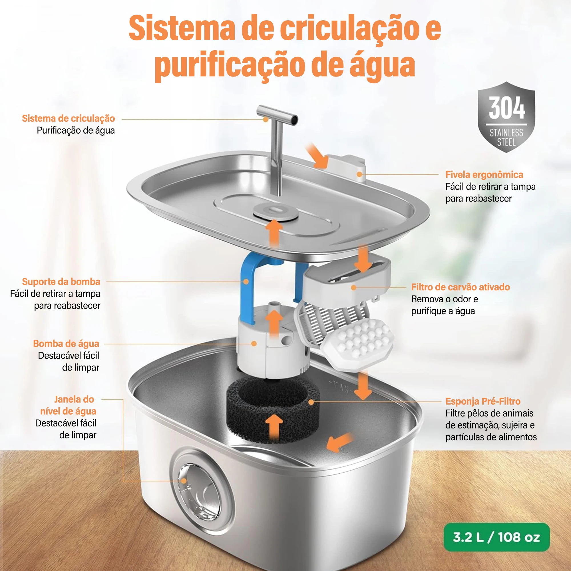 Bebedouro para Gatos em Aço Inoxidável de 3,2 litros - Filtragem tripla - purificador de agua