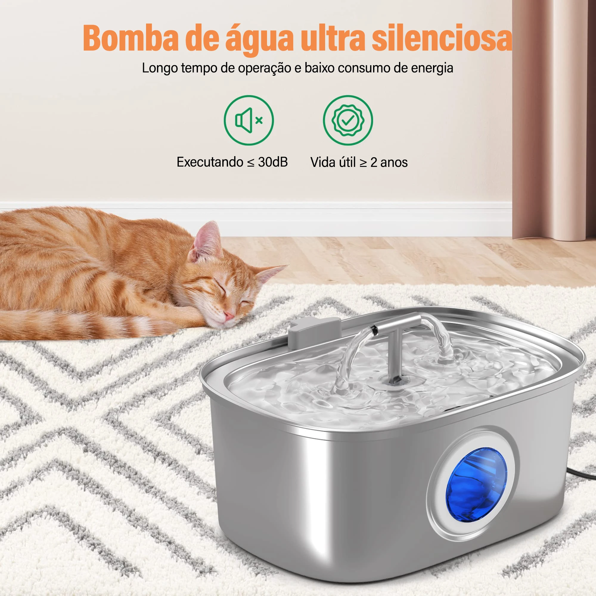 Bebedouro para Gatos em Aço Inoxidável de 3,2 litros - Bomba de agua ultra silenciosa