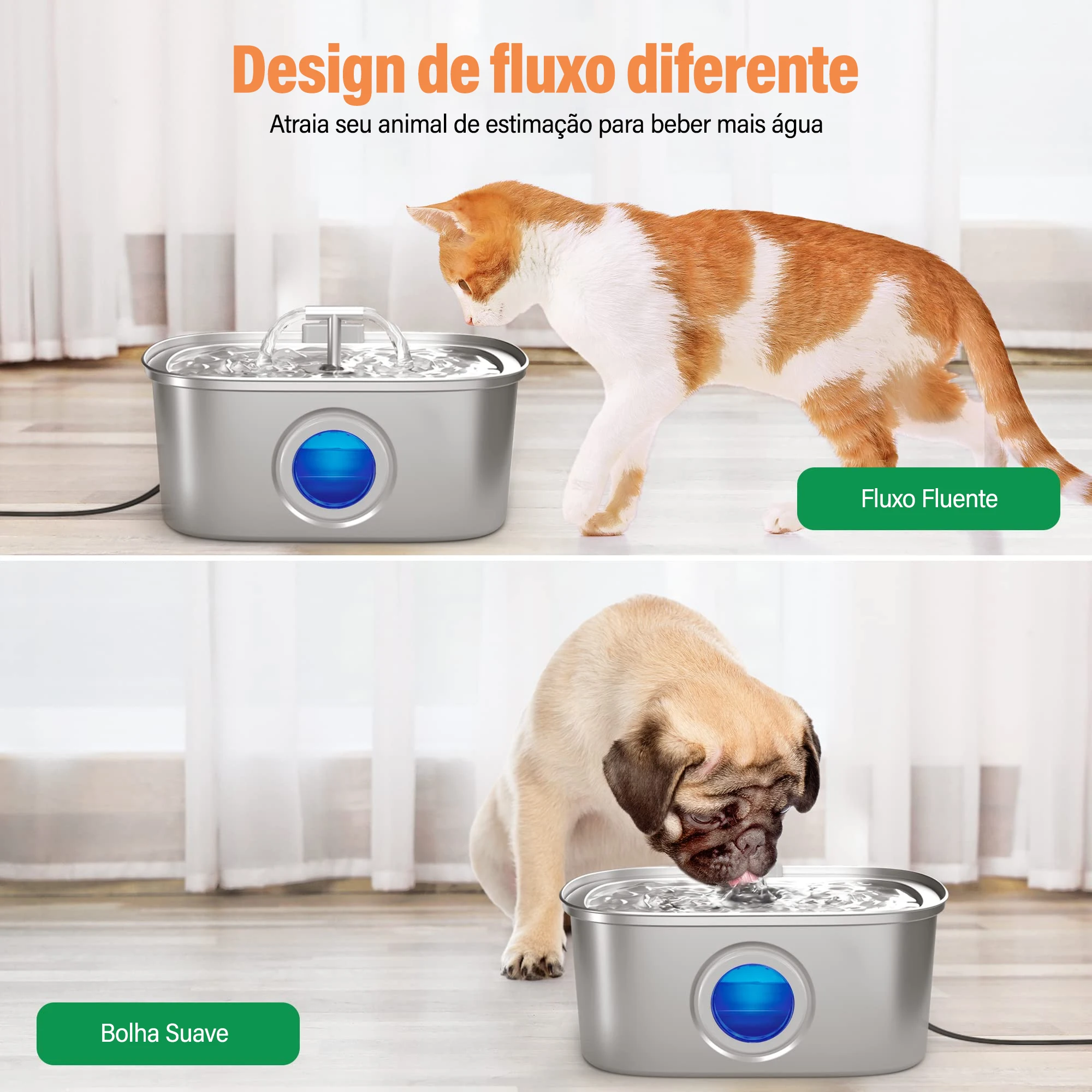Bebedouro para Gatos em Aço Inoxidável de 3,2 litros - Saída dupla e fluxo suave