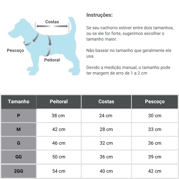 Roupinha de Frio para Cachorro 2 em 1 - tabela de tamanhos e medidas