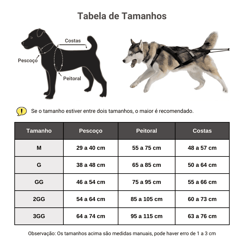 Peitoral de Tração X-Back para Cães Grandes - tabela de tamanhos