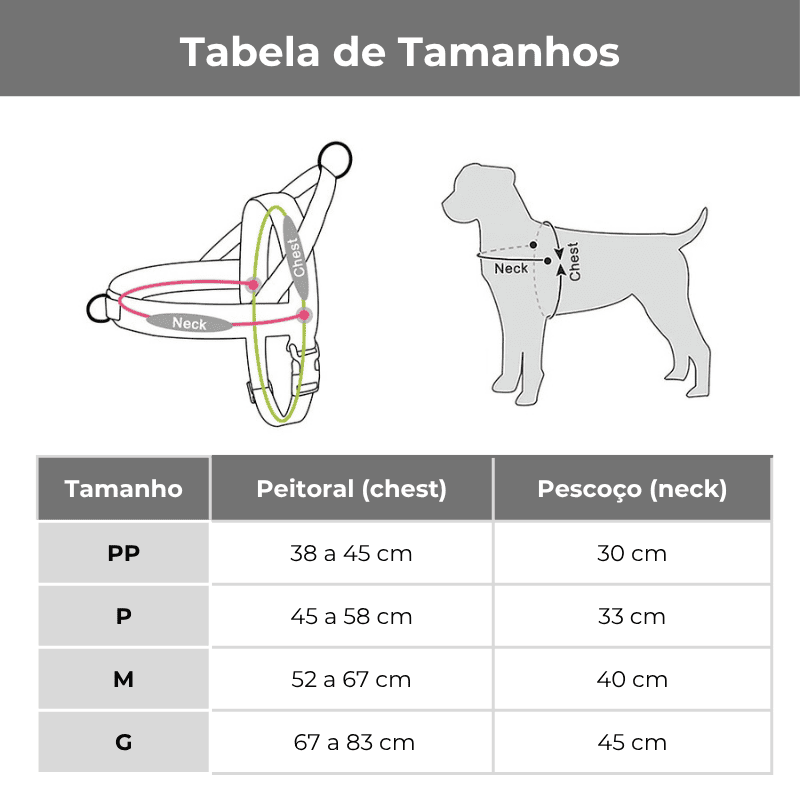 Coleira Antipuxão para Cachorro Forrada de Lã - tabela de tamanhos